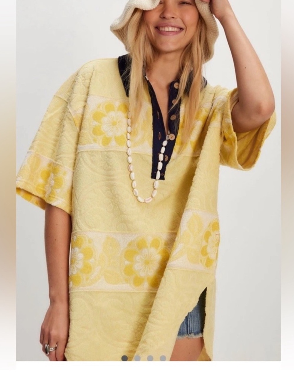 Free People Yellow Floral Tunic with Navy Trim